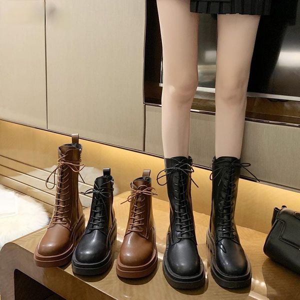 

boots lyxlyh brand designer women ankle platform leather motorcycle botas mujer 2021 heels 5cm, Black