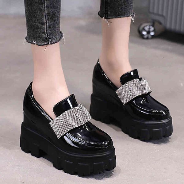 

dress shoes rimocy patent leather chunky women's luxury crystal moccasins hidden high heels pumps slip into platform shoes thick 9pte, Black