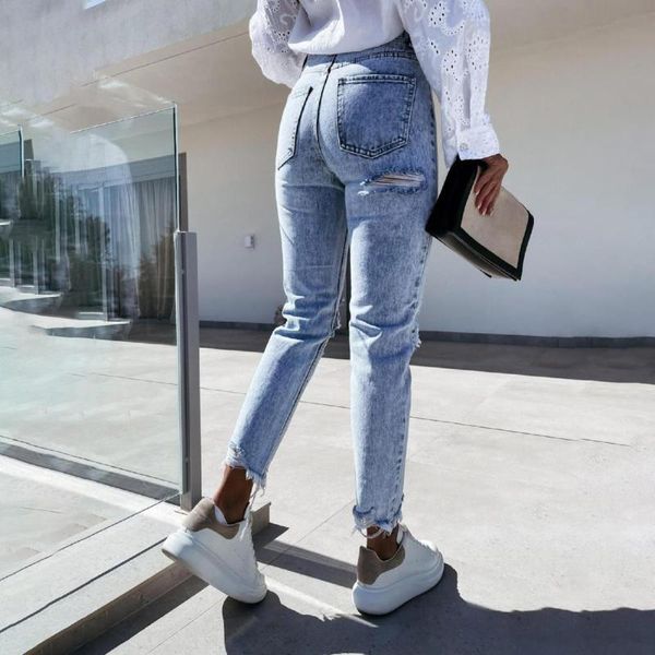 

women's jeans women solid color ripped holes slim streetwear, Blue