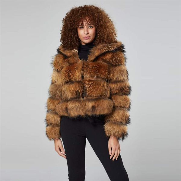 

women's fur & faux fursarcar 2021 real natural raccoon coat thick whole skin genuine outwear winter women jacket with hood, Black