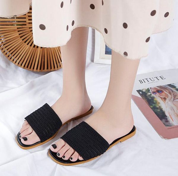 

flat slippers women 2021 summer trendy fashion ins knitted word sandals, Black
