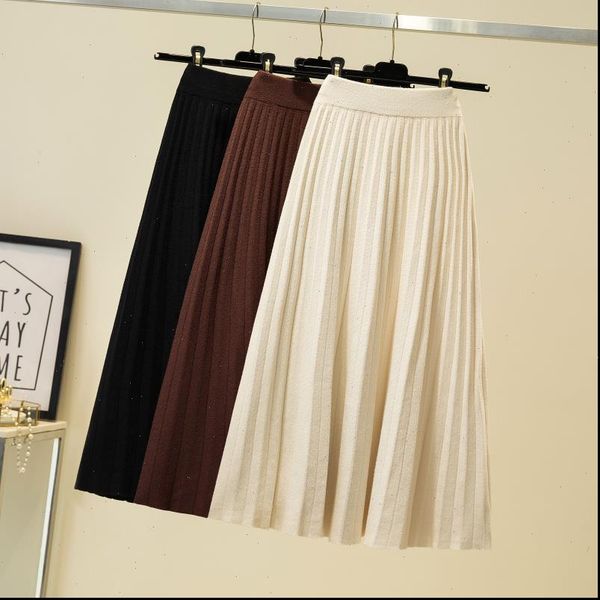 

elegant midi pleated knitted skirt women 2020 autumn winter korean knee length a line high waist skirt female ladies, Black