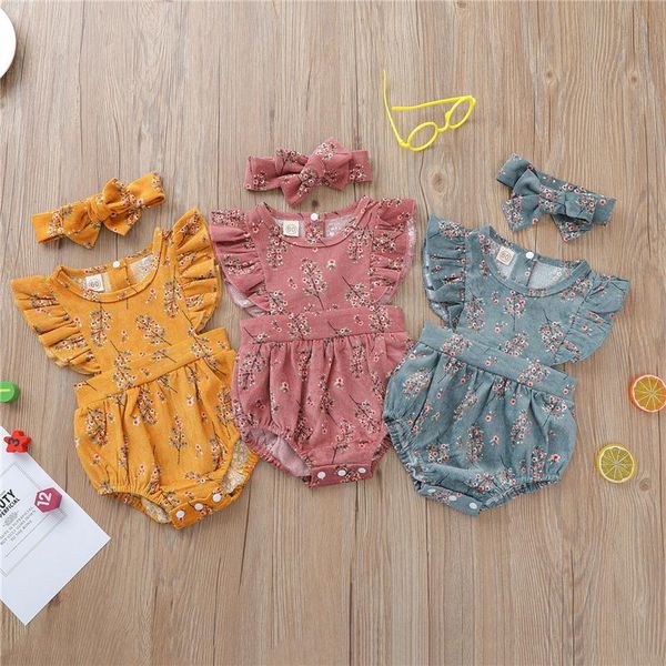 

rompers fashion wholesale summer born baby girls 2-piece outfit set sleeve floral romper+headband for kids, Blue