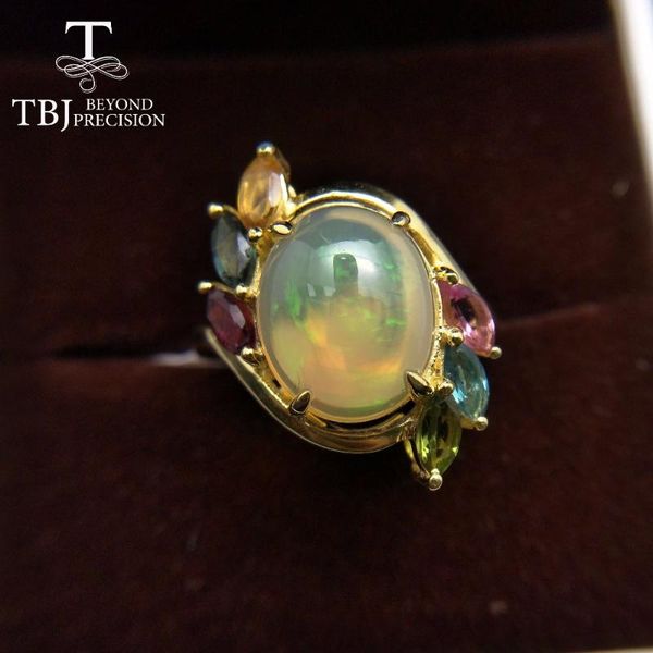 

cluster rings tbj,natural ethiopian colorful opal oval 10*12mm with tourmaline gemstone ring in 925 sterling silver for women gift box, Golden;silver