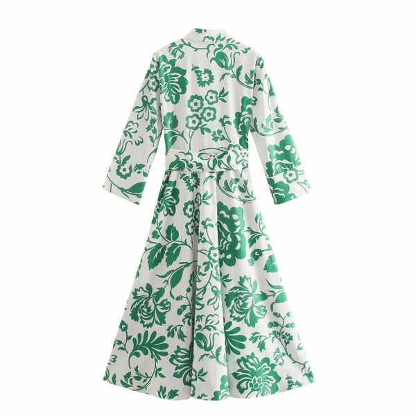 

casual dresses dress women floral printed shirt belted long sleeves vintage fashion chic lady midi, Black;gray