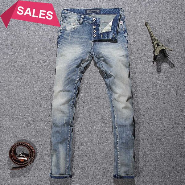 

italian style fashion light blue white wash ripped men buttons pants slim fit elastic classical designer jeans