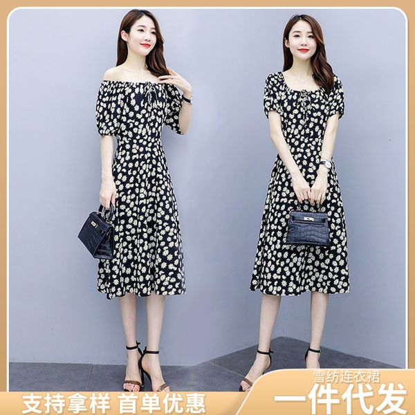 

casual drs summer chiffon print short sleeve medium mori line neck knee length fairy strapls high waist drs, Black;gray