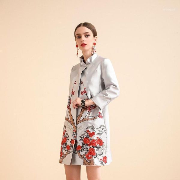 

women's trench coats embroidery solid 2021 spring autumn flower loose coat vintage women clothing celebrities winter overcoat1, Tan;black