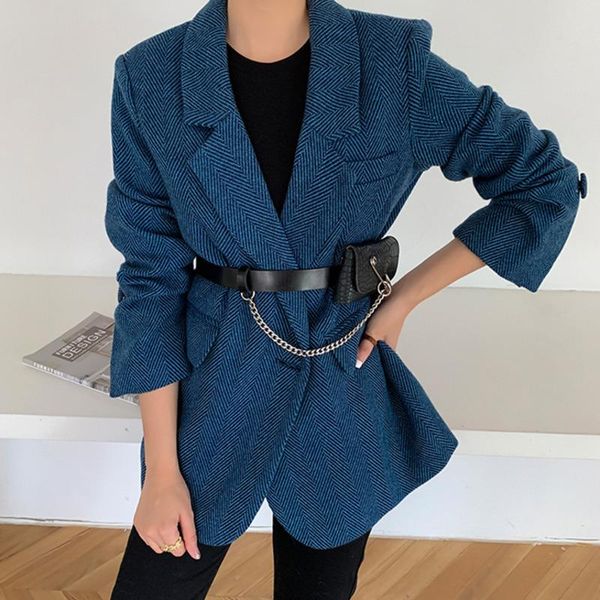 

women's wool & blends [ewq] 2021 spring female casual notched collar long-sleeved minimalist single button blue woolen overcoat (no bel, Black