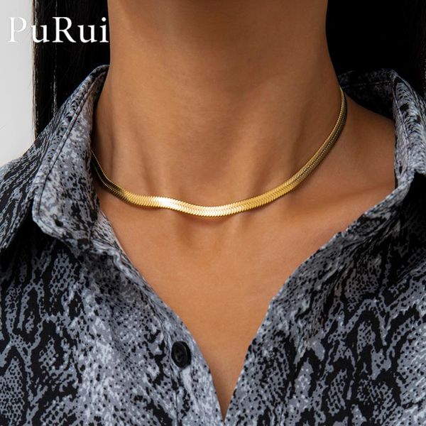 

chokers trendy 2021 women snake chain choker necklace stainless steel flat blade herringbone clavicle for girl jewelry gift, Golden;silver