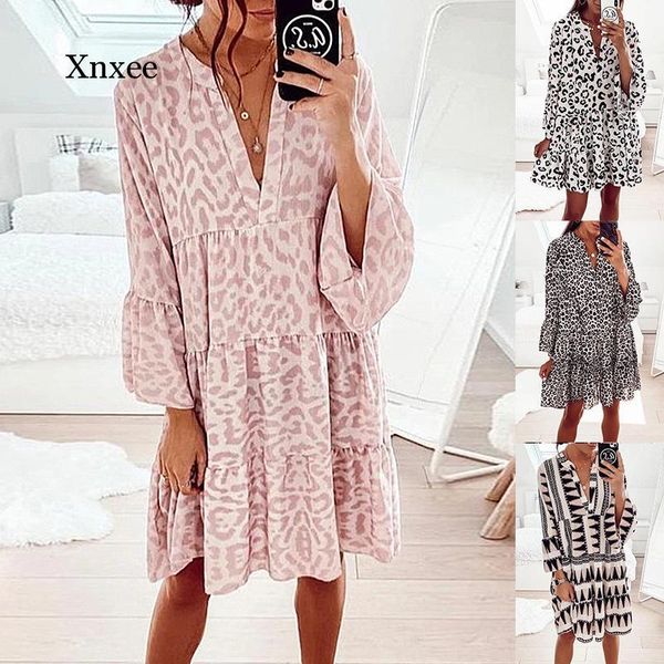 

women's swimwear leopard print midi dress for women spot summer sundress beach v neck long sleeve robe casual loose geometry lady dress, White;black