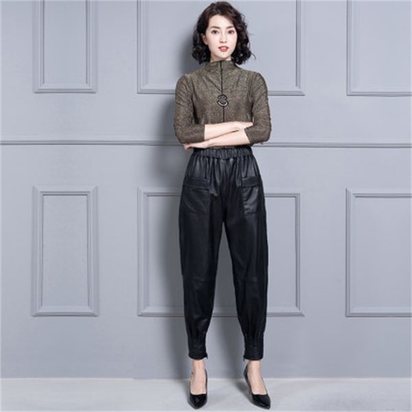

2021 genuine sheep leather trousers of the female form kp1 3mqn, Black;white