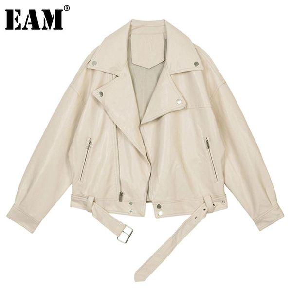 

women's jackets [eam] loose fit beige belt big size short leather jacket lapel long sleeve women coat fashion spring autumn 2021 1de064, Black;brown
