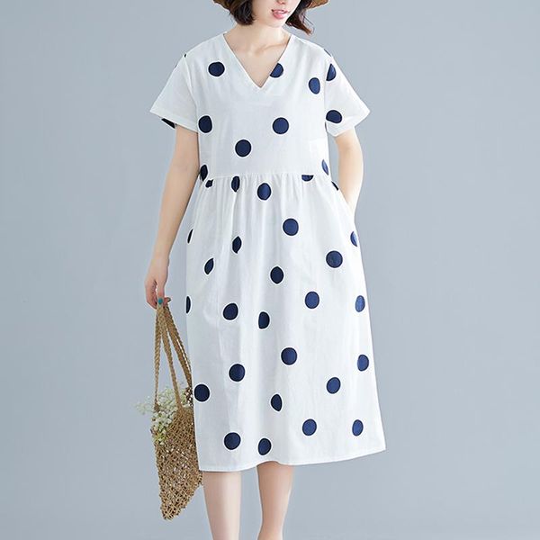

party dresses 2021 vintage summer dress large size short sleeve cotton linen women polka dot v-neck literary vestidos robe, White;black