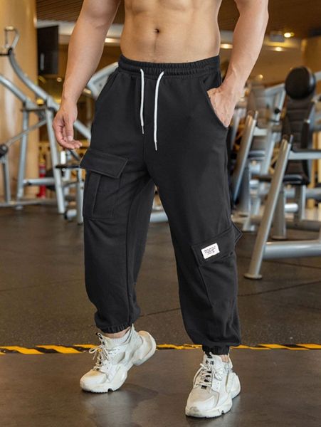 

men drawstring waist patch detail cargo sweatpants a1al#, Black