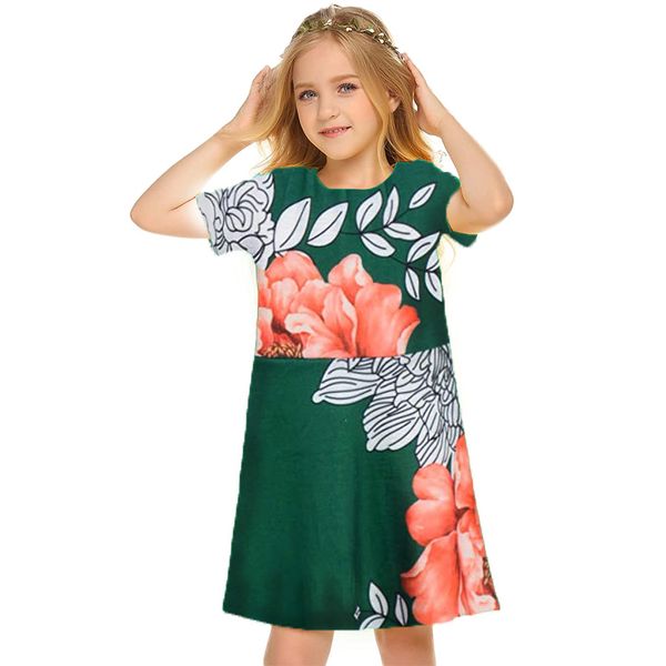 

big red printed dress, short-sleeved printed dress, children's casual dress, a-line skirt, knee-length, simple, elegant and colorful 5-, Red;yellow