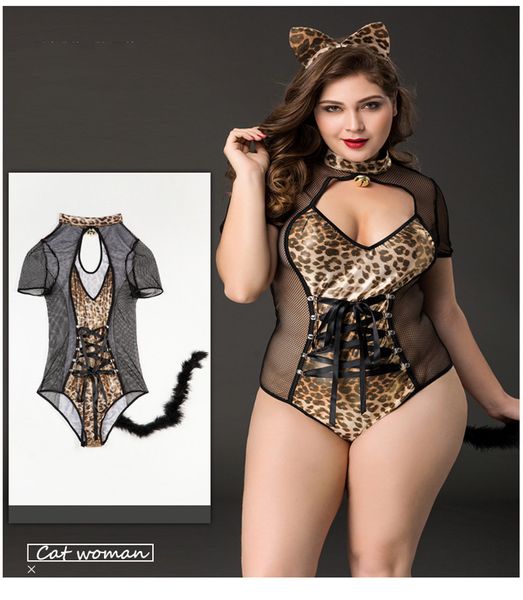 Europeu e americano Plus Size One-Peça Sexy Set Lingerie Gato Menina Cosplay Leopard Imprimir Tentação Uniforme