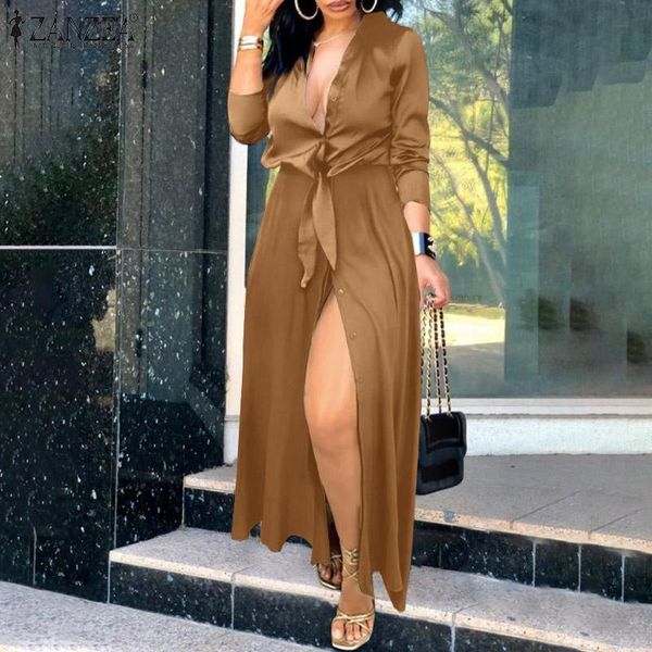 

casual dresses zanzea party holiday robe longue womens fashion satin silk dress autumn solid long shirt female lapel elegant maxi, Black;gray