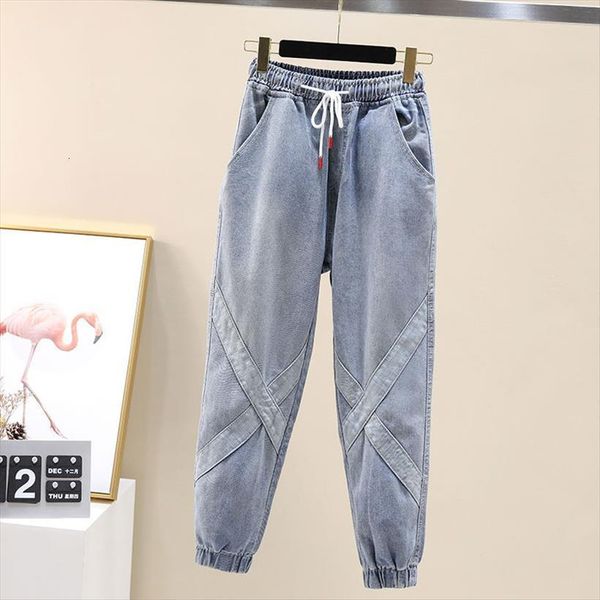 

high waisted tooling ankle women jean banded pants capri denim fall loose plus size harem trousers, Blue