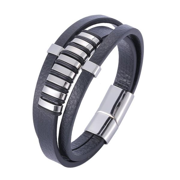 

charm bracelets punk style multilayer braided leather bracelet men stainless steel magnet clasp bangle male wristband jewelry accessories sp, Golden;silver