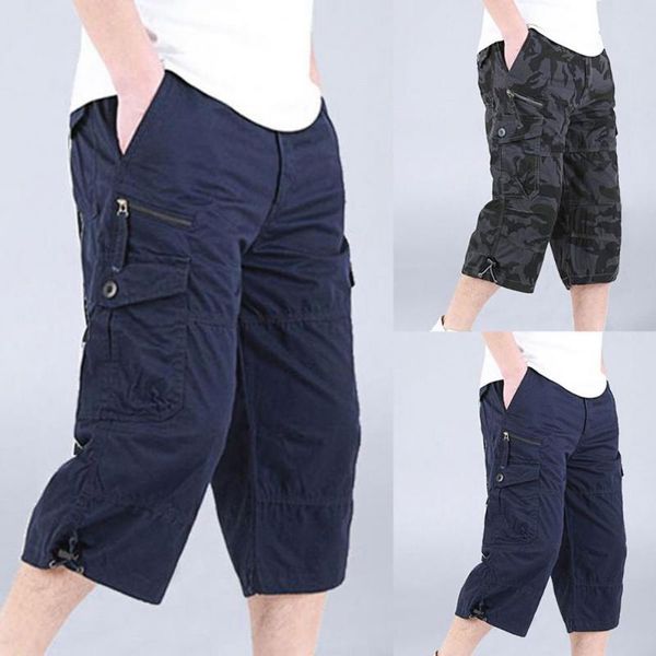 

men's pants zipper closure capri elastic waist casual multi pockets high straight cargo shorts streetwear, Black
