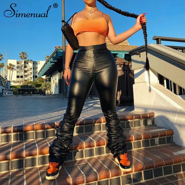 

faux pu leather high waist stacked pants fall 2021 women clothing fashion black bodycon club partywear long trousers, White;black