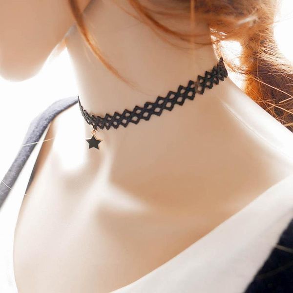 

1pc lace choker necklace retro star pendant tattoo choker short necklace for women girls jewelry party gift collier femme, Golden;silver