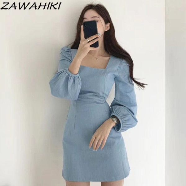 

casual dresses zawahiki long puff sleeve slim ropa mujer square collar solid mini dress high waist elegant femme robe autumn women, Black;gray