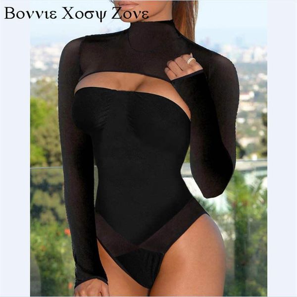 

women high neck cutout front mesh long sleeve one piece swimwear