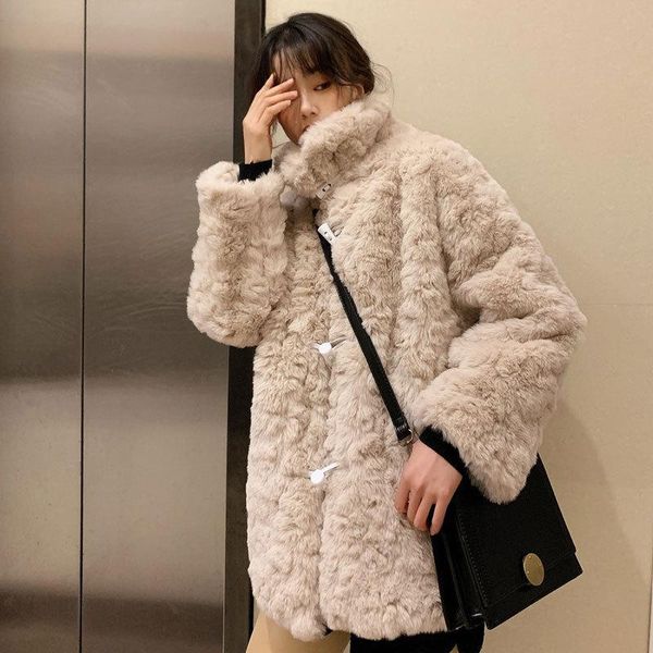 

women's fur & faux 2021 winter women wool coat thick warm jacket casual loose horn button coats pocket overcoat femme streetwear, Black