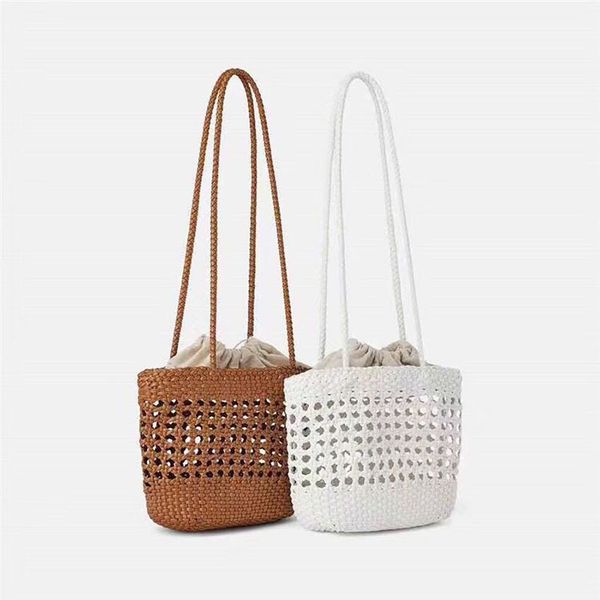 

brand woman tote hollow out basket bucket hand bag weave tote beach travel leather female crossbody shoulder messenger straw c0225