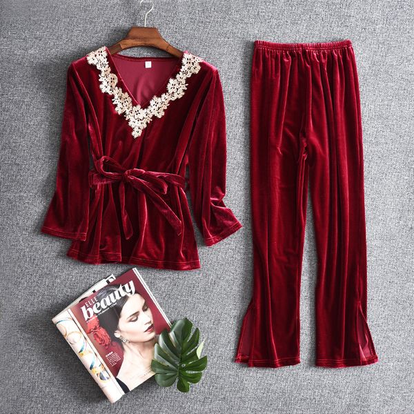 

female 2pcs boot pajamas v-neck suit up & beep nightwear sweet home competition end winter dress belt bjbo, Black;red