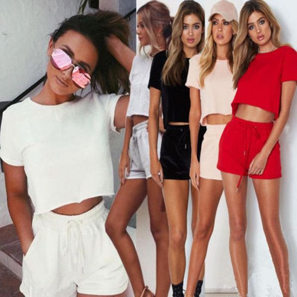 

women's jumpsuits & rompers casual solid set women 2021 fashion suit summer color crop o-neck short sleeve shorts, Black;white