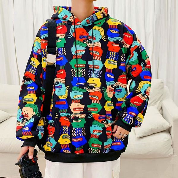 

2021 new men's leisure doodle printing loose coat lovers tide pullover male hooded hoodies cotton clothes casual sweatshirts thws, Black