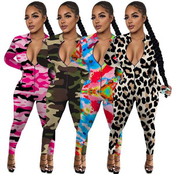 

2021 new leopard & camouflage pattern print women jumpsuit autumn european and american rompers bodysuit 4jwj, Gray