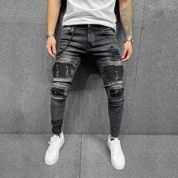 

2021 men's ripped feet stretch jeans stitching skinny feet jeans, Blue