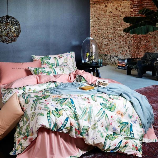 

bedding sets 30bed linen sheets soft satin leaf frond print pastoral duvet cover pillowcases bedspreads #s