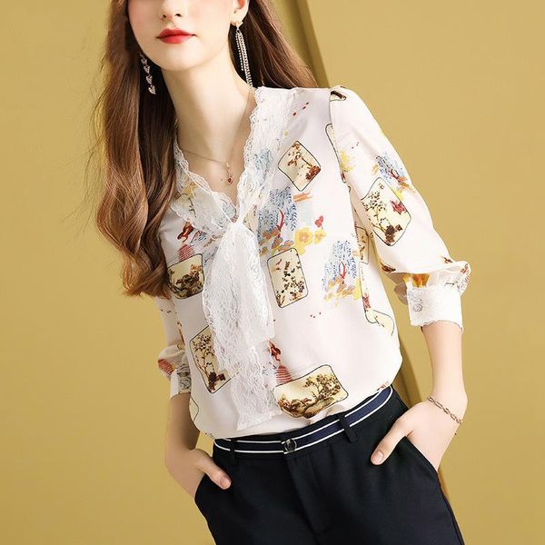 

women's blouses & shirts v-neck floral shirt design in 2021, White