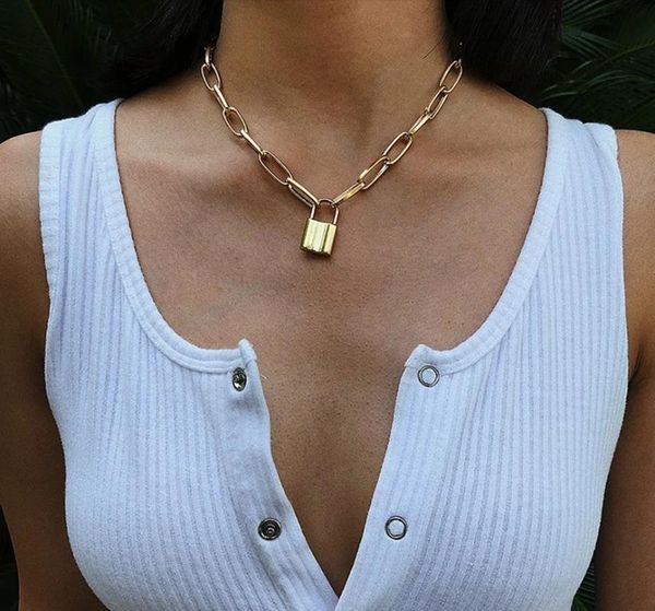 

pendant necklaces veemy lock pendants punk for women gold color hollow chain personality female neck jewelry gothic, Silver