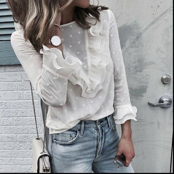 

fashion womens boho beach ruffle frill polka dot and blouses elegant long sleeve female party blouse blusas femininas, White
