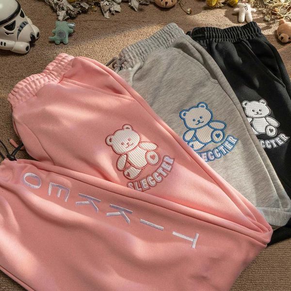 

women's pants & capris bear embroidery sports female loose trendy summer thin slimming straight student casual, Black;white