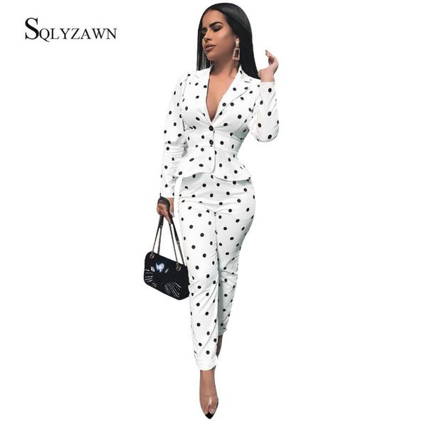 

women's suits & blazers autum winter slim dot print business wear elegant women office ol jacket set white formal blazer + pants suit f, White;black