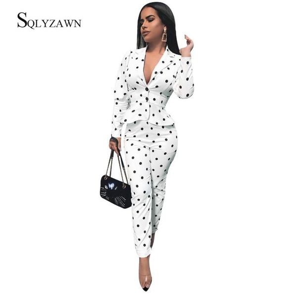 Damenanzüge Blazer Autum Winter Slim Dot Print Business Wear Elegante Frauen Büro OL Jacke Set Weißer formeller Blazer + Hosenanzug Femini