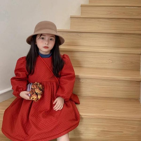 

girl's dresses 2021 winter girls dress thick with bag1, Red;yellow
