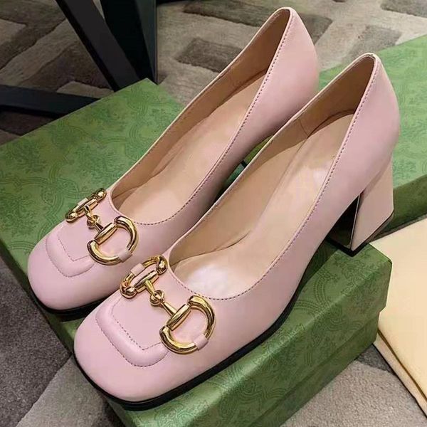 Frauen Leder Mid-Heel Pump Kleid Schuhe Quadratische Zehen Büro Schuh Designer Dame Brief Gedruckt Geformt Blockabsatz gummi Sohle