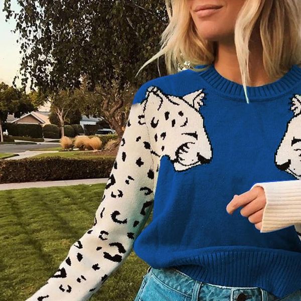 

leopard printed sweater women animal print patchwork o neck long sleeve pullover loose jumper sweater pull femme 10, White;black