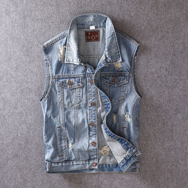 

2021 new moda streetwear cor azul destrudo ripped denim sem mangas casacos outwear casuais estilo britnico colete de hip hop homens gmla, Black;white