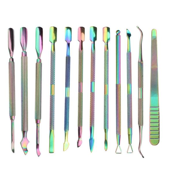 

nail art kits 12pcs/set rainbow stainless steel cuticle pusher files uv gel polish remove manicure care groove clean tool