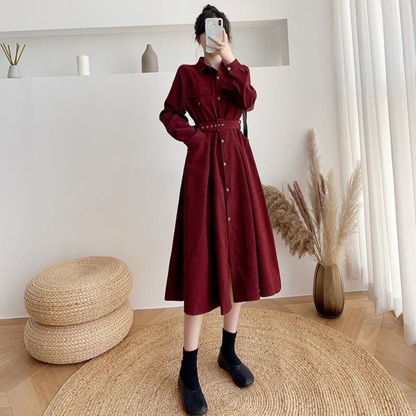 

casual dresses 2021 women autumn fashion french loose corduroy dress female long single-breasted ladies sleeve vestidos t449, Black;gray
