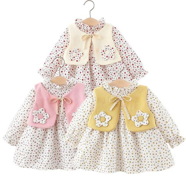 

girl's dresses baby girls autumn long sleeve vintage floral print pleated dress + flower waistcoat kids 2pcs clothes vestidos 0-3y, Red;yellow
